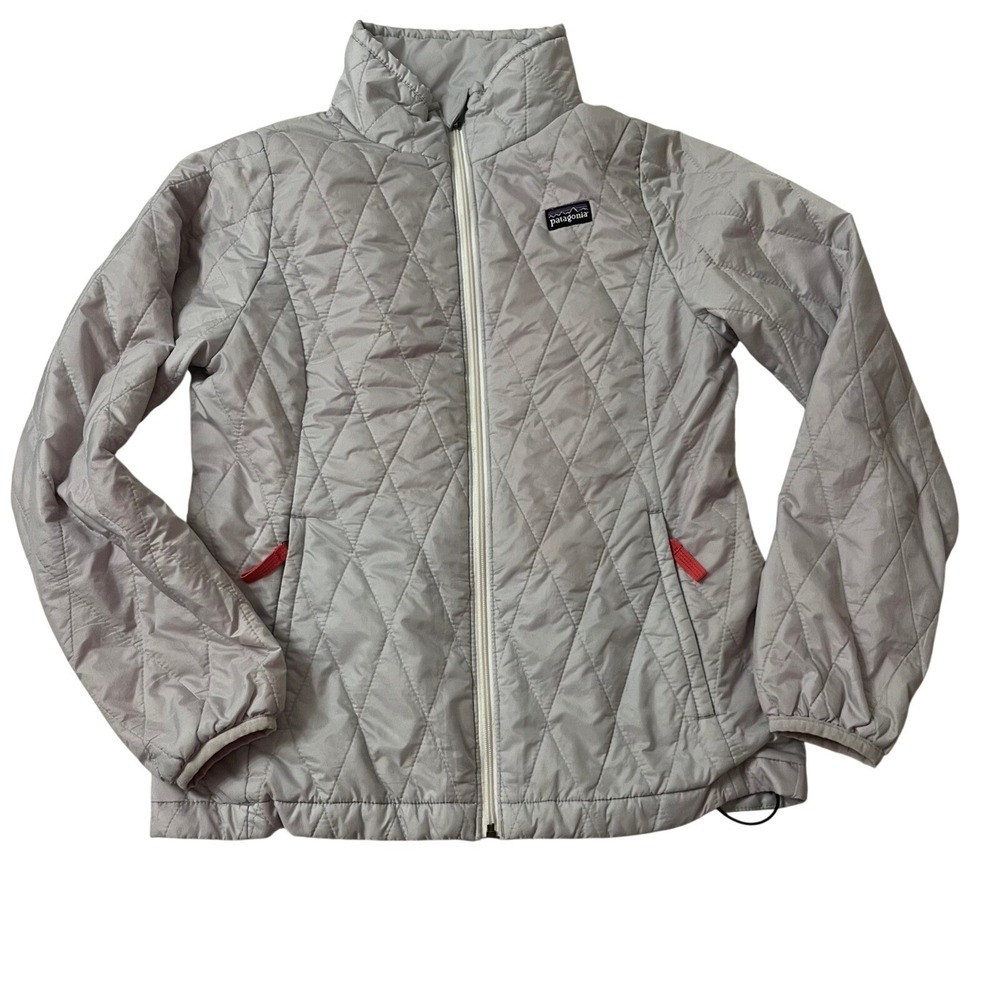 Girls‎ Patagonia Nanopuff Primaloft Jacket Grey w/Pink Lining Size 12 Full Zip